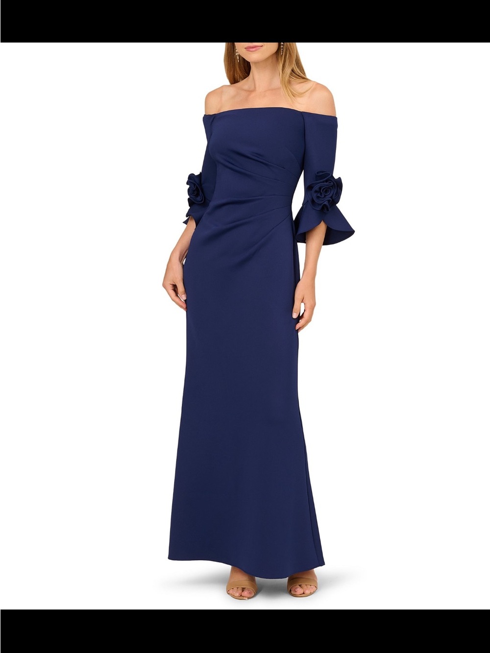Adrianna Papell Navy Off-Shoulder Gown with Rosette Sleeves